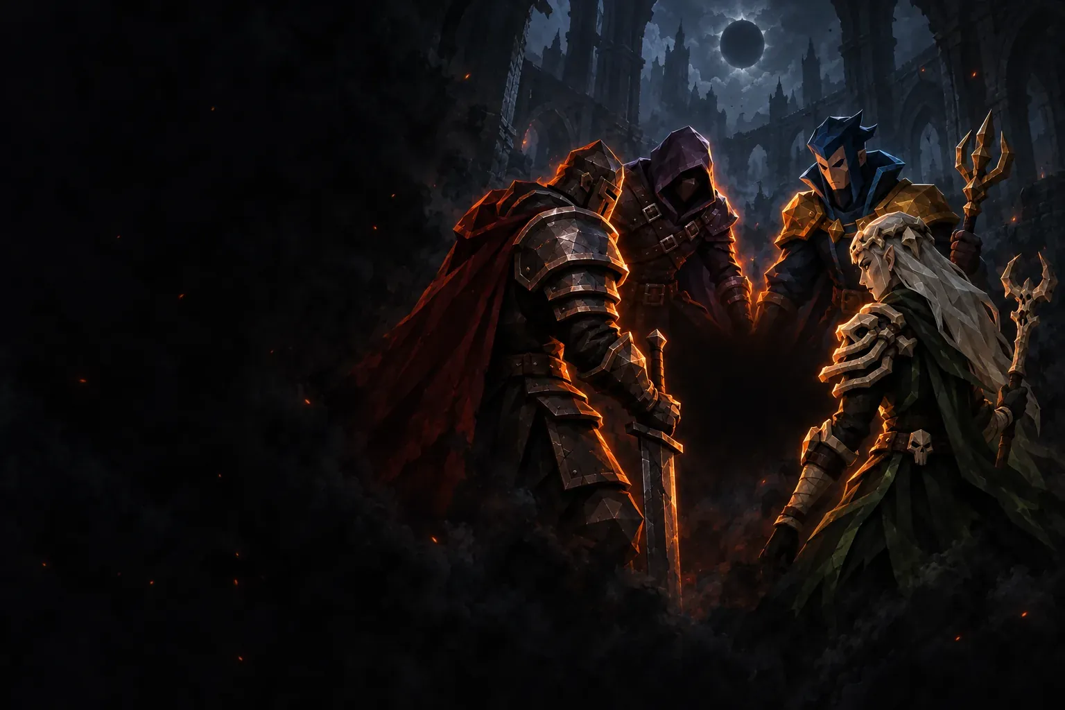 The four Emberbound, the Ashblade, the Veilrunner, the Stormweaver and the Gravecaller, in a ruined cathedral under the dead sun