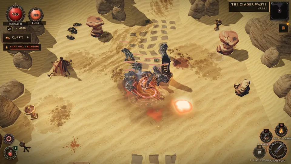 The Ashblade heroine surrounded in the Cinder Waste, Cinderstorm burning
